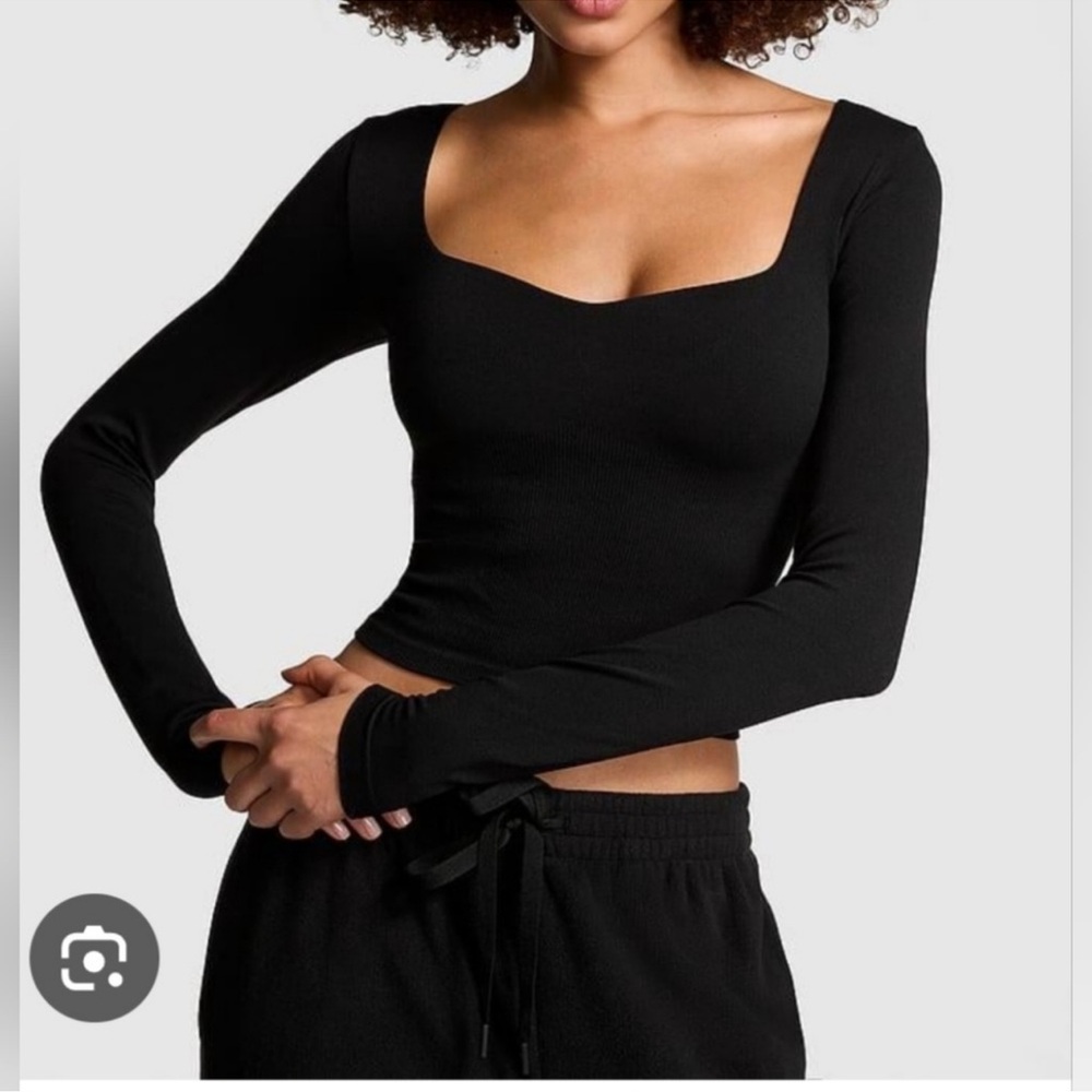 NWOT PINK Victoria's Secret Shelf Bra Crop Top Black Long Sleeve Sweetheart Neck